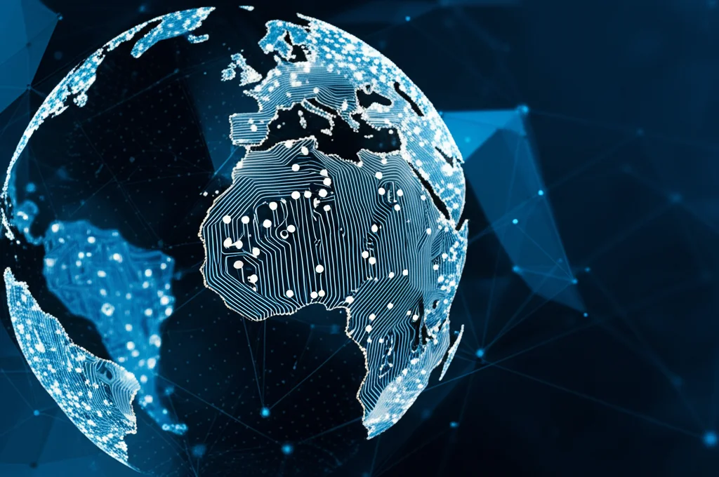 Fotografia grandangolare di un globo terrestre stilizzato fatto di circuiti luminosi su uno sfondo scuro, simboleggia la connessione tra mercati globali, tecnologia e le future direzioni di ricerca. Obiettivo 15mm, lunga esposizione, focus nitido sul globo.