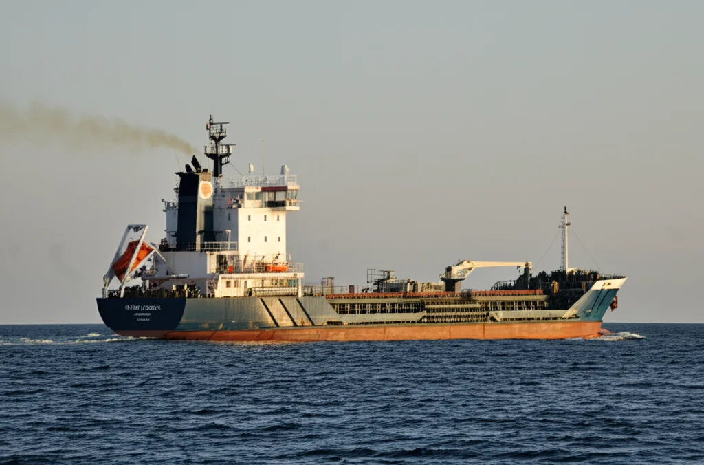 Fotografia realistica di una moderna nave mercantile di superficie che naviga in mare aperto leggermente mosso, vista laterale, obiettivo zoom 35mm, profondità di campo per mettere a fuoco la nave sfocando leggermente lo sfondo marino, luce naturale del tardo pomeriggio.