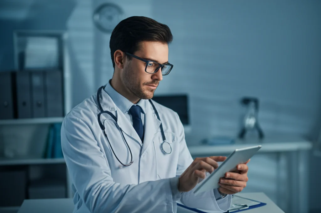 Ritratto di un medico pensieroso che esamina dati su un tablet in un ambiente clinico moderno, obiettivo 35mm, profondità di campo, toni duo blu e grigio.