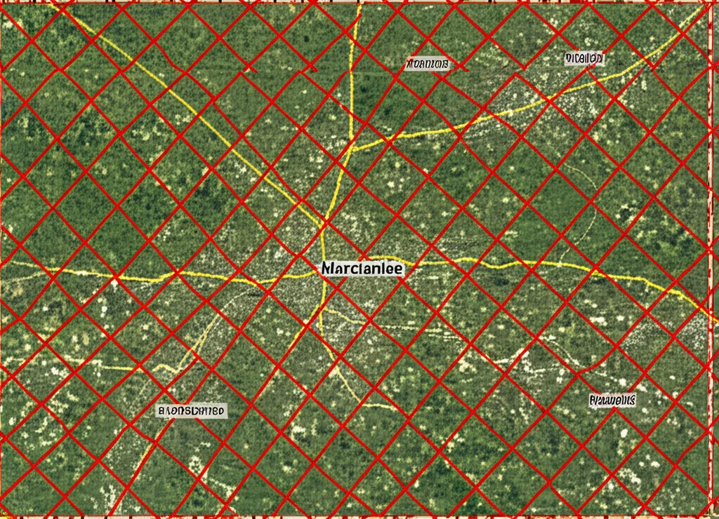 Schermata di un software GIS che mostra una mappa satellitare della zona di Marcianise, Italia, con sovrapposta una griglia cartesiana rossa semitrasparente che si allinea alle strade principali, evidenziando la persistenza della centuriazione romana. Alta risoluzione, dettagli topografici visibili.