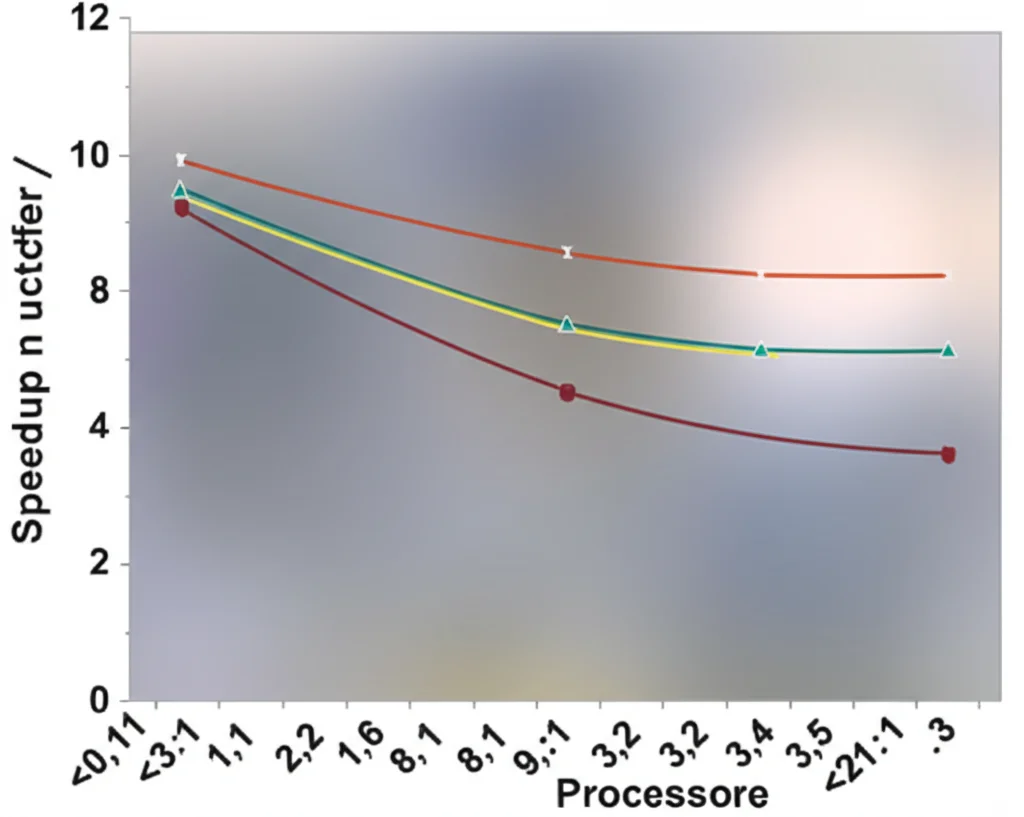 Grafico di speedup che mostra l'aumento delle prestazioni (asse Y) all'aumentare del numero di core di processore (asse X) per diverse configurazioni di un'applicazione MapReduce nel cloud. Linee colorate rappresentano diverse configurazioni (8, 16, 32 reducer). Obiettivo 50mm, sfondo sfocato (bokeh).