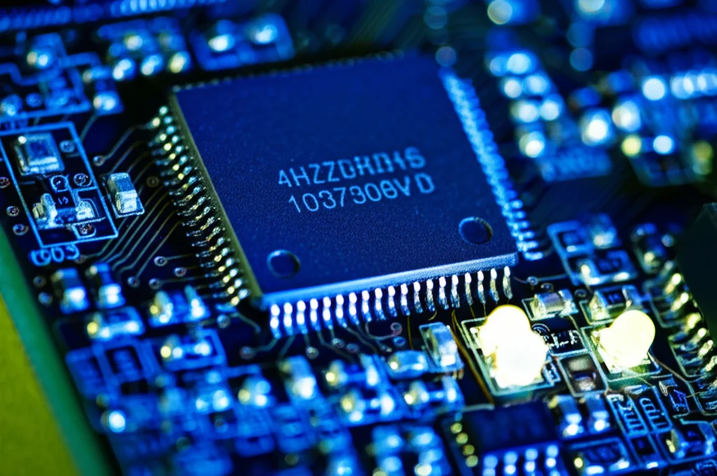 Macro fotografia di un complesso circuito elettronico di controllo con LED luminosi, obiettivo macro 100mm, alta definizione, messa a fuoco precisa sui componenti centrali, illuminazione controllata per evidenziare i dettagli delle saldature e dei chip.