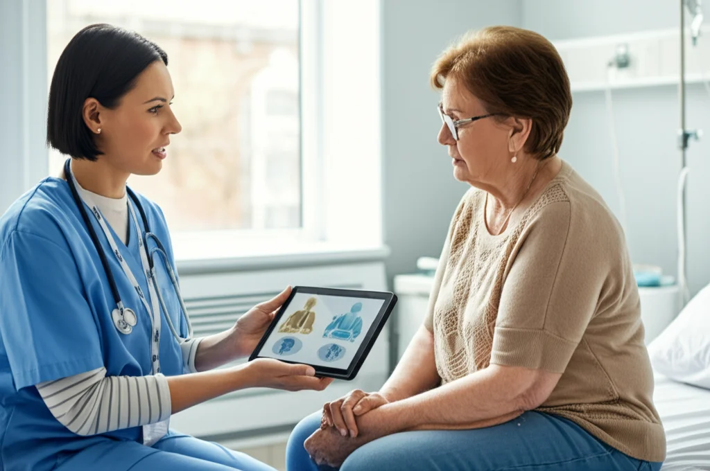 Fotografia di un assistente sociale che parla con empatia a una paziente in una stanza d'ospedale luminosa, utilizzando un tablet per mostrare informazioni. Obiettivo 35mm, luce naturale dalla finestra, profondità di campo che sfoca leggermente lo sfondo.