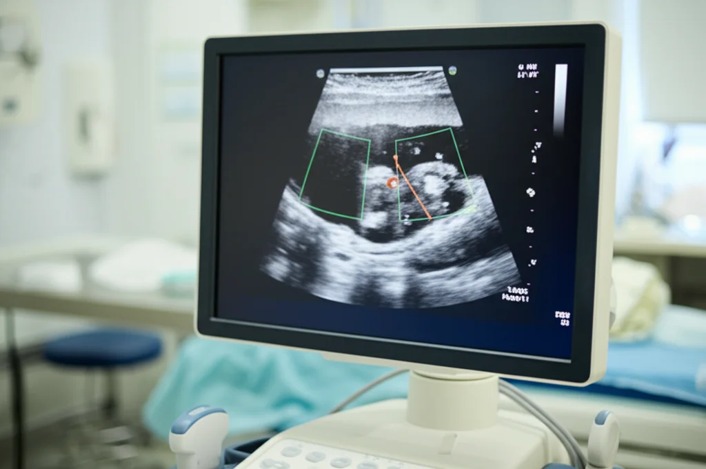 Immagine fotorealistica di un monitor ecografico in una sala di radiologia interventistica. Lo schermo mostra una lesione addominale profonda con le linee guida sovrapposte per la traiettoria dell'ago bioptico. L'immagine è catturata con un obiettivo prime da 35mm, con una ridotta profondità di campo che sfoca leggermente lo sfondo della sala, mettendo a fuoco i dettagli sullo schermo. Luce ambientale controllata tipica di una sala medica.