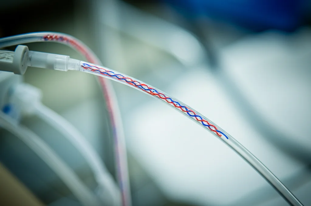 Fotografia macro di una sezione di un tubo di ossigenazione ECMO, illuminazione controllata per evidenziare i dettagli delle fibre rosse e blu intrecciate, obiettivo macro 100mm, alta definizione, sfondo sfocato di un ambiente clinico.