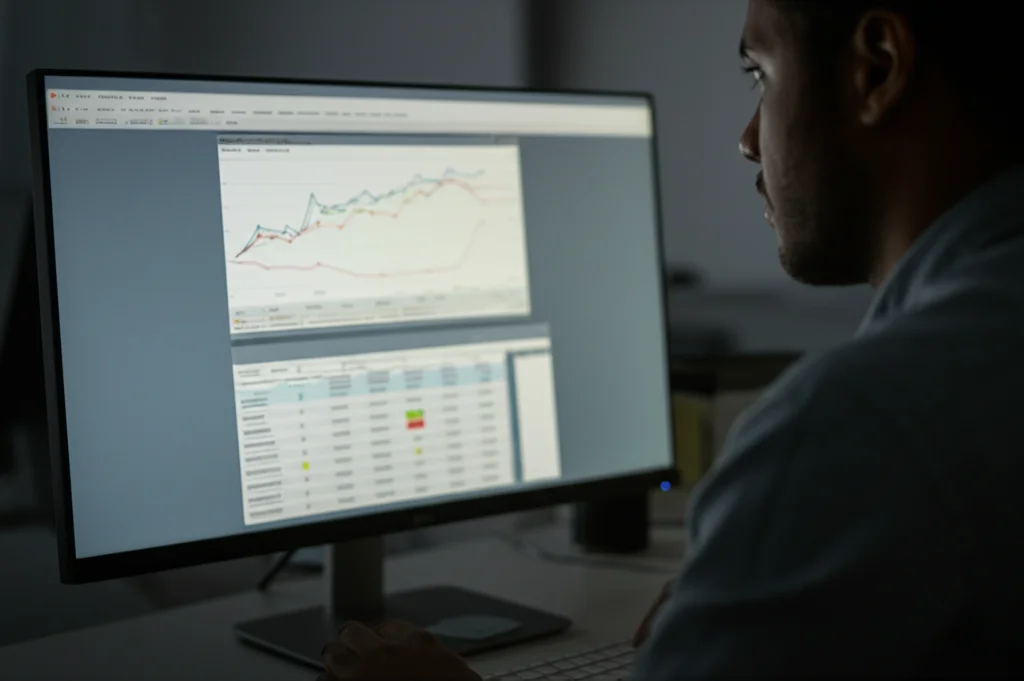 Primo piano di una persona che osserva con attenzione un grafico complesso su uno schermo di computer in un ambiente di ufficio moderno. Obiettivo 50mm, profondità di campo ridotta per mettere a fuoco il viso e lo schermo, luce naturale laterale che crea ombre morbide.