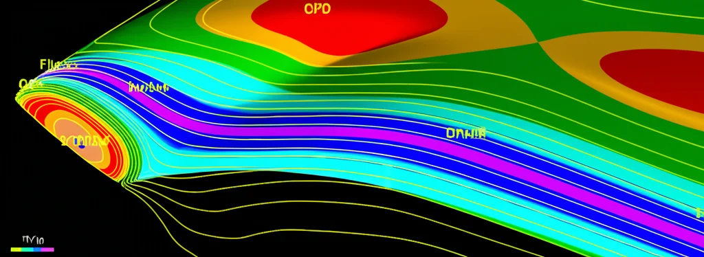 Simulazione CFD (Computational Fluid Dynamics) di un profilo alare NACA 0012 in una galleria del vento virtuale. Linee di flusso colorate mostrano l'aria che scorre intorno all'ala, con una sezione evidenziata vicino al bordo d'uscita dove le micro-vibrazioni DTLMUW sono attive su entrambe le superfici. Dettaglio elevato sulle interazioni del flusso vicino alla superficie, illuminazione da studio controllata, visualizzazione dei campi di pressione.