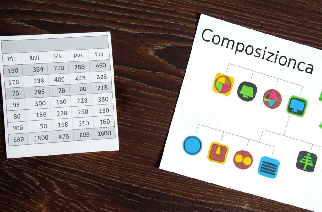 Composizione still life che mostra diversi modi di visualizzare dati: una tabella numerica, una tabella con icone colorate e un diagramma ad albero di frequenza, disposti su una scrivania di legno scuro. Obiettivo macro 100mm, illuminazione controllata per evidenziare le texture della carta e del legno, alta definizione.