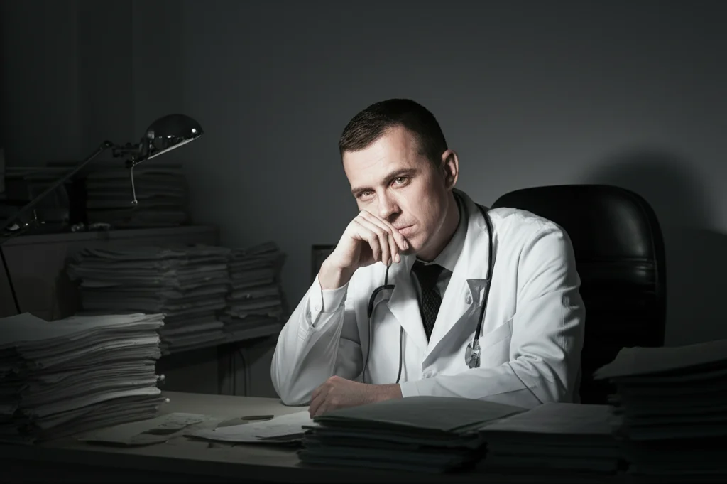 Ritratto ambientato di un medico dall'aspetto stanco ma determinato seduto alla sua scrivania in un ufficio modesto, pile di carte sullo sfondo. Obiettivo 50mm, luce soffusa da una lampada da tavolo, bianco e nero filmico per trasmettere la difficoltà.