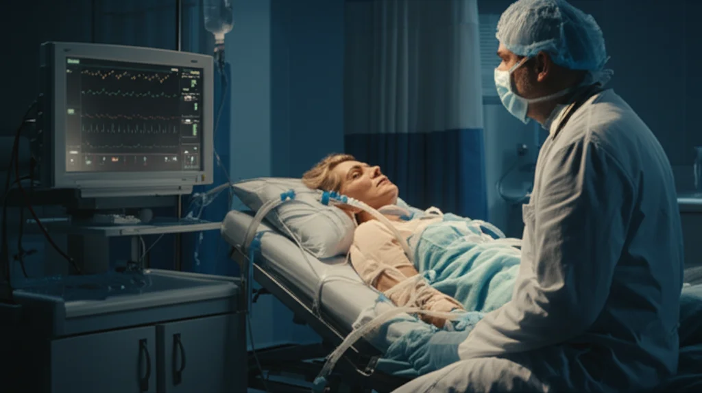 Ritratto di un medico intensivista che osserva attentamente i parametri vitali su un monitor accanto a un paziente in ECMO, luce drammatica, profondità di campo, obiettivo 35mm, stile film noir, toni blu e grigi.