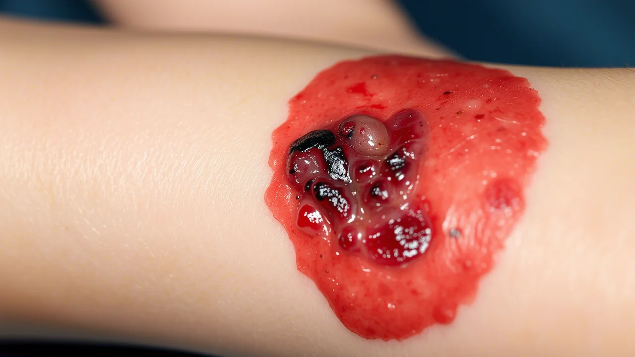 Fotografia macro di un'ulcera cutanea necrotica sulla parte inferiore della gamba di una paziente, illuminazione controllata per evidenziare i dettagli della lesione e l'infiammazione circostante con macule livide, obiettivo macro 90mm, alta definizione, messa a fuoco precisa.