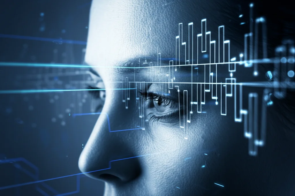 Ritratto di profilo di una persona che riflette profondamente, con sovrapposto un diagramma ad albero di frequenza stilizzato e luminoso. Effetto duotone blu e grigio, obiettivo 35mm, leggera profondità di campo per mantenere a fuoco sia il viso che il diagramma.