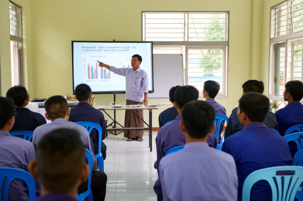 Fotografia di un gruppo eterogeneo di operai industriali birmani (solo uomini, come nello studio) che partecipano attivamente a una sessione di educazione sanitaria in una sala riunioni semplice all'interno di una fabbrica. Un facilitatore indica una slide con grafici semplici sul fumo. Obiettivo prime 35mm, luce naturale dalla finestra, atmosfera coinvolta e attenta, profondità di campo media.