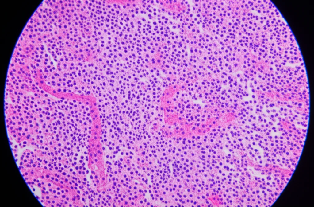 Microfotografia di una biopsia cutanea che mostra vasi sanguigni infiammati con infiltrazione di neutrofili frammentati (detriti nucleari), caratteristica della vasculite leucocitoclastica, alta magnificazione (200x), colorazione ematossilina-eosina, dettagli cellulari precisi.