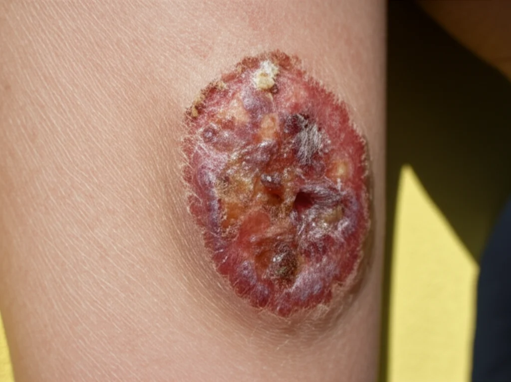 Fotografia della gamba della paziente mesi dopo il trapianto di cellule staminali, che mostra la pelle quasi completamente guarita dove prima c'era l'ulcera necrotica, luce naturale diffusa, obiettivo 50mm, risultato del trattamento visibile.