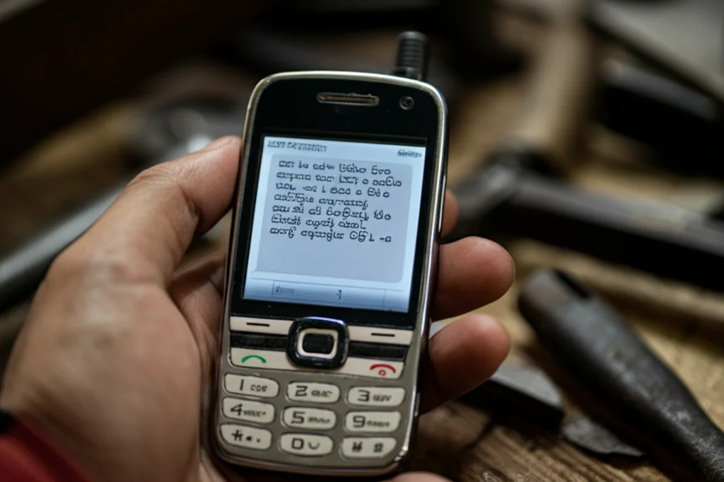 Macro fotografia, obiettivo 100mm, mano di un operaio birmano che tiene un vecchio modello di cellulare. Sullo schermo è visibile un SMS in lingua birmana con un messaggio breve e incoraggiante sulla salute. Illuminazione controllata per mettere a fuoco il telefono e il messaggio, sfondo leggermente sfocato con attrezzi da lavoro. Alta definizione dei dettagli.