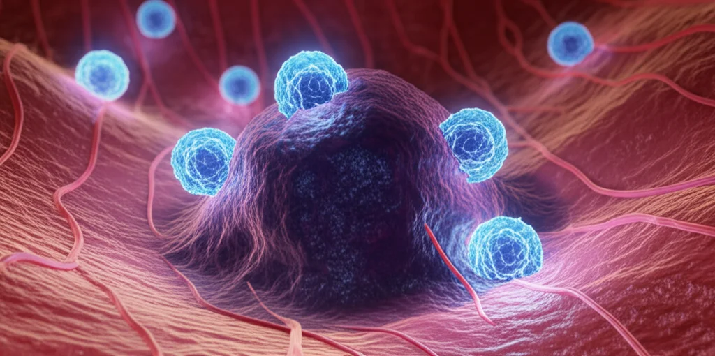 Vista microscopica ad alto dettaglio, simulazione 3D, che mostra cellule T killer (rappresentate come sfere luminose blu) che circondano e attaccano una cellula tumorale più grande e di forma irregolare (colore scuro, violaceo) all'interno di un microambiente stilizzato con vasi sanguigni sottili, illuminazione drammatica focalizzata sull'interazione cellulare.