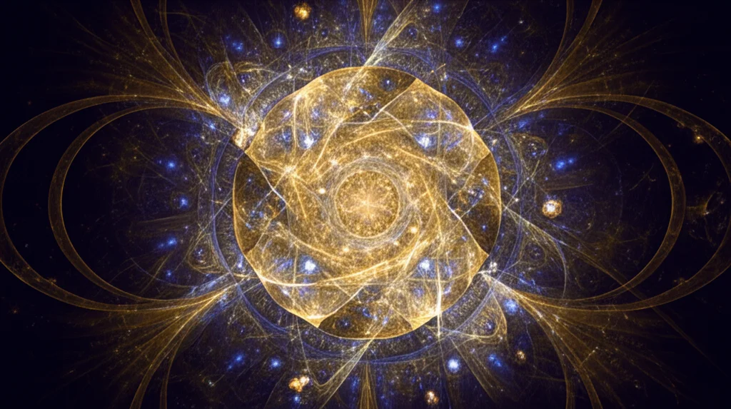 Visualizzazione astratta della simmetria modulare A4 applicata alla fisica dei neutrini, con pattern geometrici frattali e particelle subatomiche stilizzate interagenti in un campo complesso rappresentato dal modulo tau (τ). Obiettivo prime 35mm, profondità di campo, duotone blu e oro.