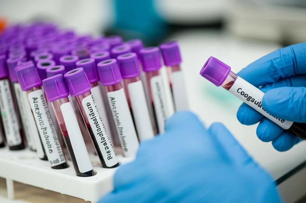 Primo piano di un tecnico di laboratorio che gestisce attentamente i tubi del campione di sangue etichettati per i test di coagulazione. Lenti macro, 100 mm, messa a fuoco precisa, dettagli elevati, ambientazione di laboratorio clinico.