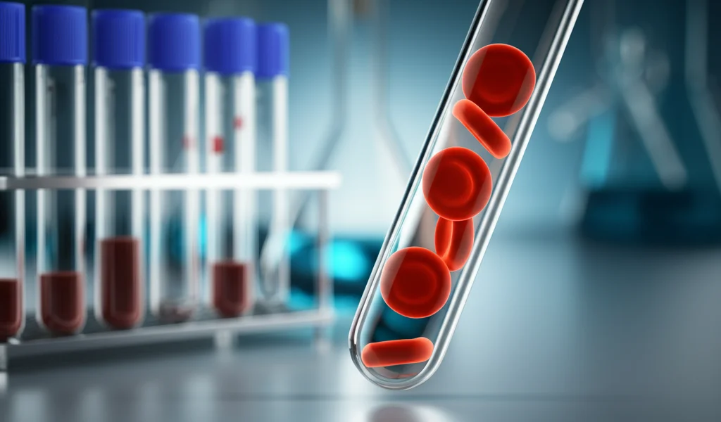 Primo piano di una provetta di sangue in un laboratorio medico, con focus preciso sui globuli rossi. Macro lens, 80mm, high detail, controlled lighting, sfondo leggermente sfocato per enfatizzare la provetta.
