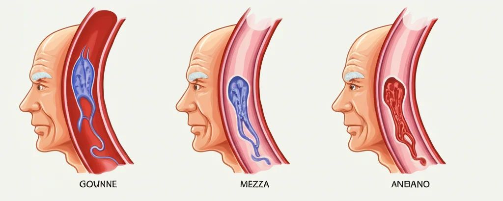 Illustrazione medica stilizzata che mostra tre profili di vasi sanguigni corrispondenti a diverse età (giovane, mezza età, anziano), evidenziando differenze nella salute vascolare. High detail, colori chiari e informativi, sfondo neutro.