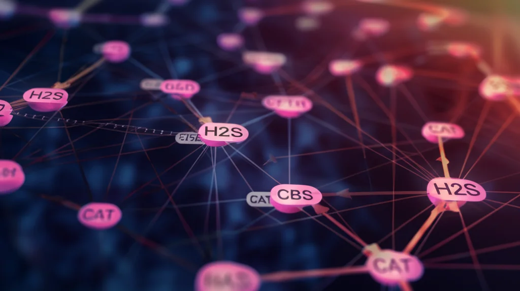 Visualizzazione 3D stilizzata ma fotorealistica di una rete di interazione proteina-proteina complessa, con nodi luminosi che rappresentano i geni H2S (CTH, CBS, CAT, etc.) e linee che indicano le interazioni. Sfondo scuro per enfatizzare la rete, dettagli nitidi, effetto profondità di campo.