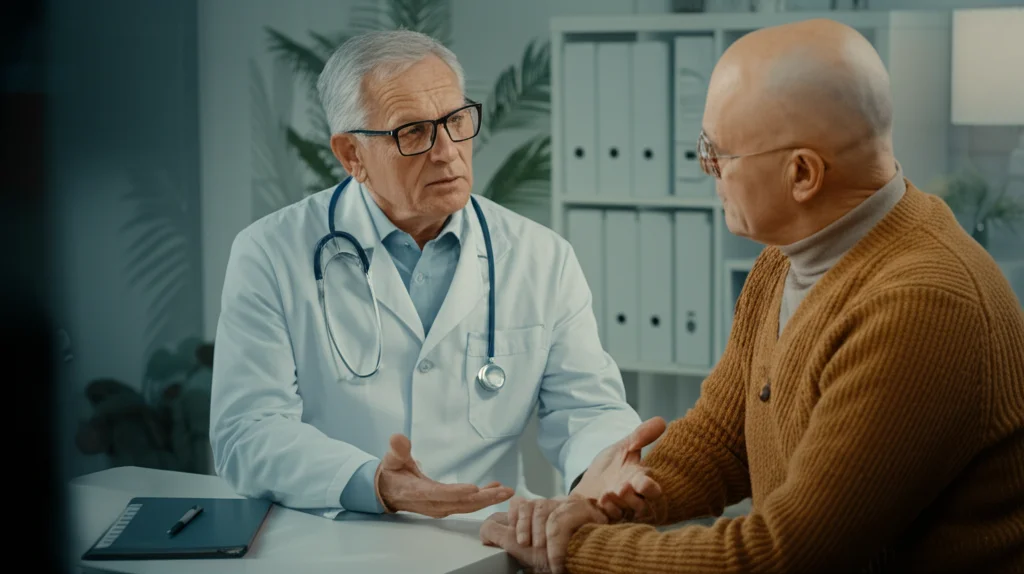 Foto di un medico anziano e compassionevole che discute risultati con un paziente sopravvissuto al cancro in uno studio medico luminoso. Portrait photography, 35mm lens, depth of field, luce naturale morbida, espressioni rassicuranti.
