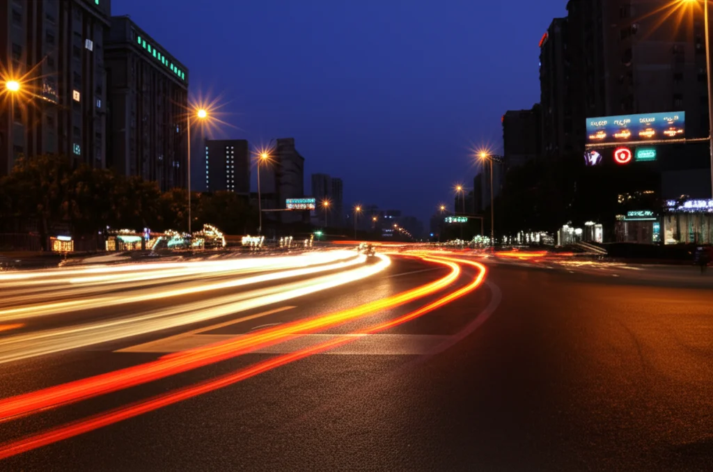 Fotografia di un incrocio stradale trafficato nella provincia di Shandong, Cina, al tramonto. Teleobiettivo zoom 100mm, velocità dell'otturatore elevata per catturare il movimento sfocato delle auto, tracciamento del movimento, illuminazione stradale calda, focus nitido su un segnale stradale.