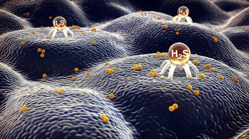 Illustrazione fotorealistica di cellule tumorali HNSCC che invadono la matrice extracellulare, con enzimi MMP (visualizzati come piccole forbici molecolari) attivati. Molecole di H2S (sfere stilizzate) interagiscono con le cellule. Lente macro 70mm, dettagli precisi, illuminazione drammatica.