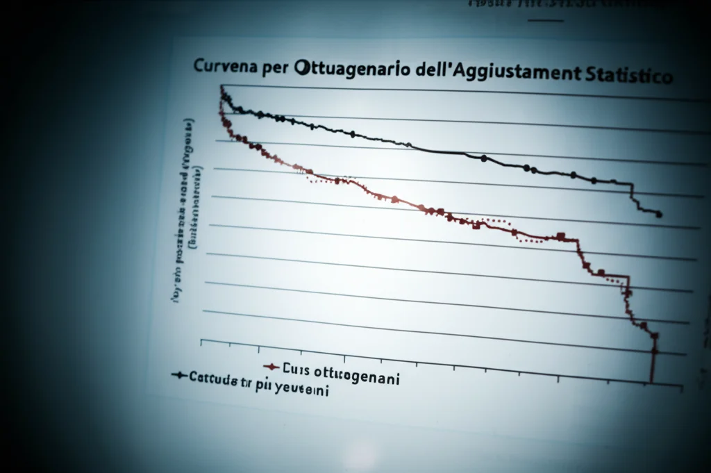 Grafico statistico astratto che mostra due curve di sopravvivenza divergenti prima dell'aggiustamento statistico, una per gli ottuagenari e una per i più giovani. Illuminazione drammatica, focus selettivo, lente 50mm.
