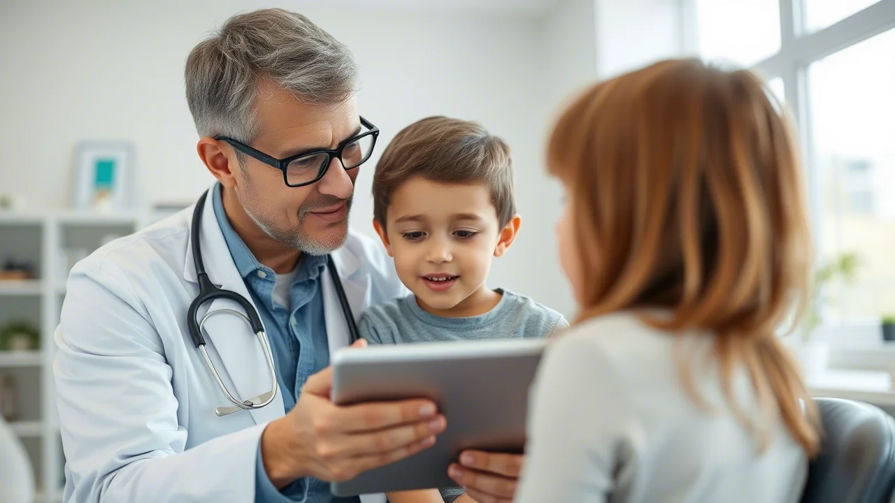 Lente grandangolare, 20 mm, catturando un reumatologo pediatrico che spiega gentilmente un piano di trattamento su una compressa a un genitore e figlio preoccupato in una sala clinica luminosa e moderna, profondità di campo superficiale che sfocava leggermente lo sfondo.