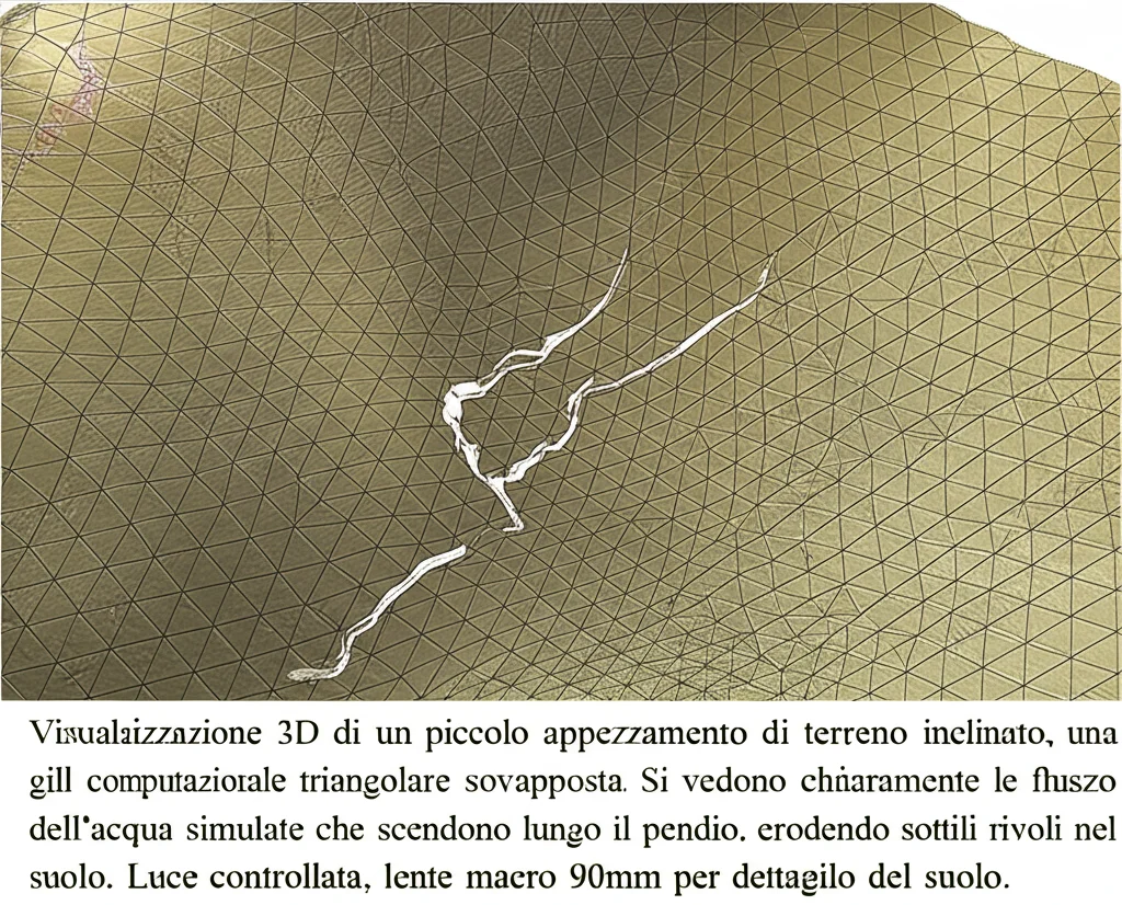Visualizzazione 3D di un piccolo appezzamento di terreno inclinato, con una griglia computazionale triangolare sovrapposta. Si vedono chiaramente le linee di flusso dell'acqua simulate che scendono lungo il pendio, erodendo sottili rivoli nel suolo. Luce controllata, lente macro 90mm per dettaglio del suolo.