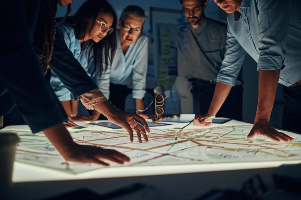 Fotografia di una riunione di pianificazione urbana con focus su un tavolo. Diverse persone (etnie miste, mezza età) esaminano mappe stradali illuminate e grafici digitali proiettati sul tavolo. Obiettivo prime 35mm, profondità di campo ridotta che sfoca leggermente le persone sullo sfondo, illuminazione da ufficio naturale ma focalizzata sul tavolo e sui volti concentrati, atmosfera collaborativa e tecnologica.