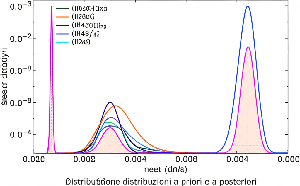 Grafico scientifico complesso che mostra la distribuzione di probabilità a posteriori di diversi parametri del modello. Alcune distribuzioni sono strette e appuntite (bassa incertezza), altre larghe e piatte (alta incertezza). Sovrapposizione di colori per distinguere distribuzioni a priori e a posteriori. Stile pulito e moderno.