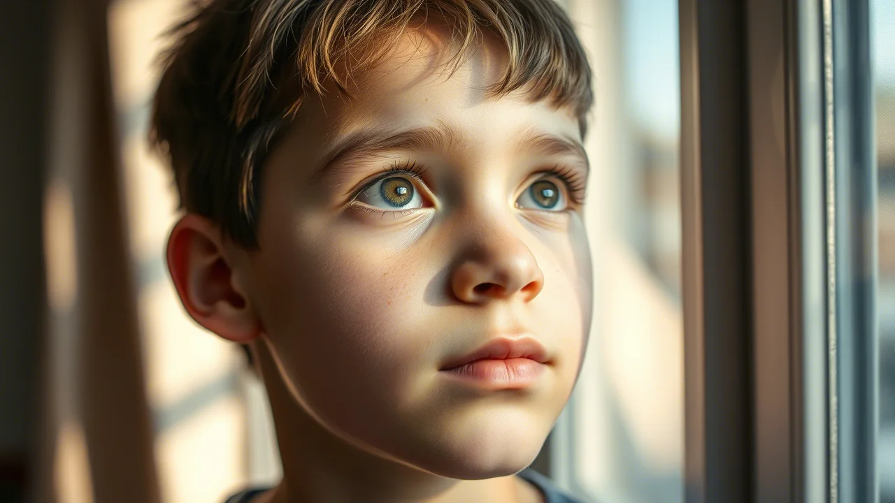 Prime lente, ritratto da 35 mm, catturando l'espressione piena di speranza e resiliente di un adolescente (circa 15 anni) che guarda verso la luce proveniente da una finestra, effetto duotone usando oro caldo e grigio morbido.