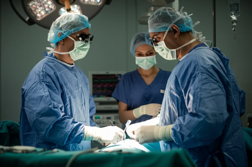 Team chirurgico multidisciplinare in una sala operatoria moderna che discute il caso di un paziente anziano, concentrandosi sulla pianificazione pre-operatoria e sulla gestione dei rischi. Profondità di campo, luce soffusa ma focalizzata sui volti, obiettivo prime 35mm.