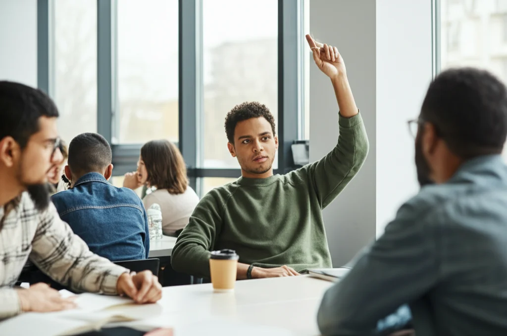 Un'aula universitaria moderna e luminosa, studenti di diversa etnia discutono animatamente attorno a un tavolo. Focus su uno studente che alza la mano, espressione dubbiosa. Luce naturale dalle finestre, profondità di campo. Lente prime 35mm.