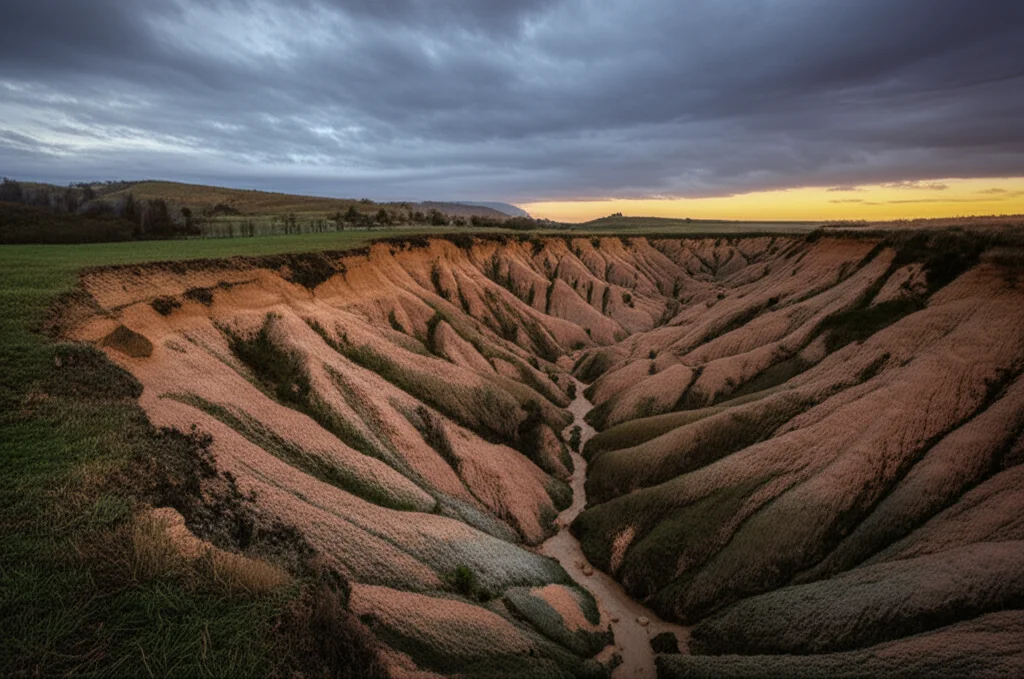 Paesaggio collinare dopo una forte pioggia, wide-angle 15mm, long exposure per rendere l'acqua che scorre nei canali di erosione liscia e setosa. Cielo nuvoloso drammatico, luce del tardo pomeriggio. Sharp focus su tutta la scena.
