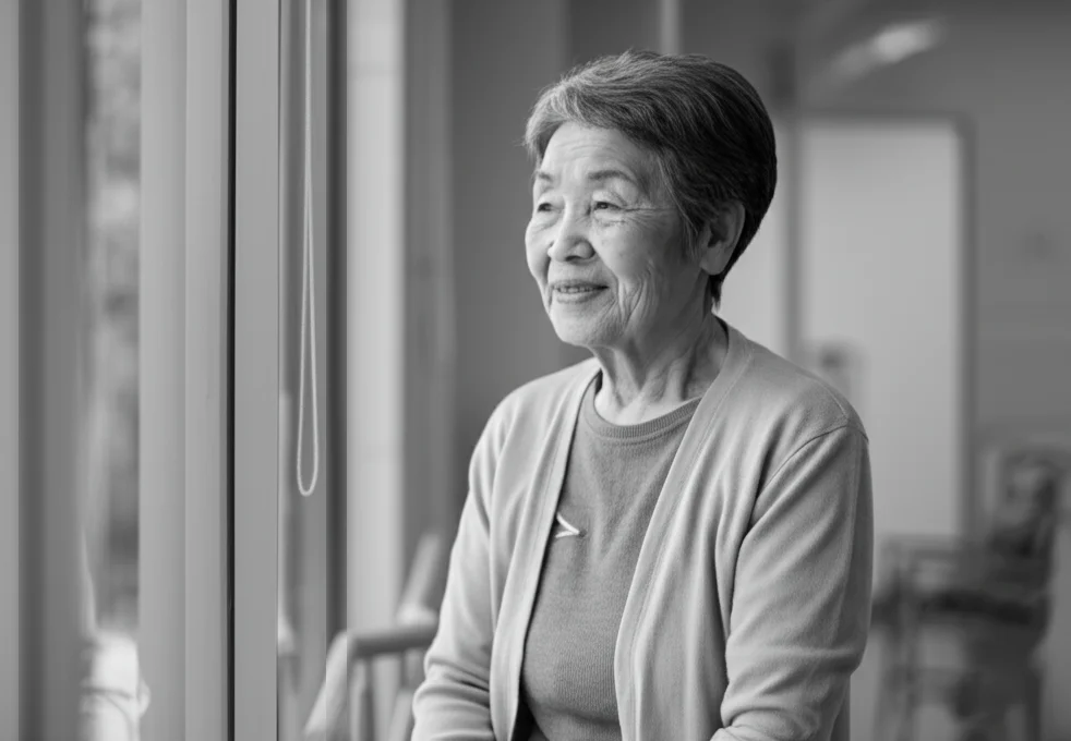 Ritratto fotografico di una donna anziana giapponese (70 anni) con un sorriso gentile ma pensieroso, che guarda fuori da una finestra in una clinica moderna. Luce naturale morbida che entra dalla finestra, profondità di campo ridotta che sfoca lo sfondo della stanza. Obiettivo prime 35mm, stile filmico leggermente desaturato, bianco e nero.