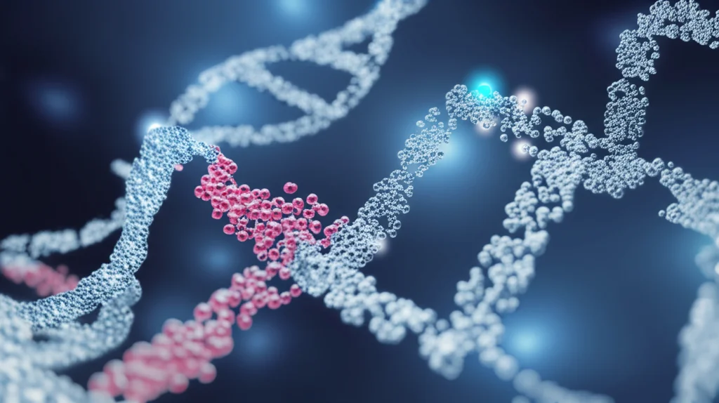 Visualizzazione microscopica 3D ultra-realistica di un gene NLRP6 su un filamento di DNA, con segni di metilazione (piccole sfere luminose) che vengono aggiunti o rimossi. Illuminazione controllata, lente macro 100mm, alta definizione, focus preciso sulle modifiche epigenetiche.