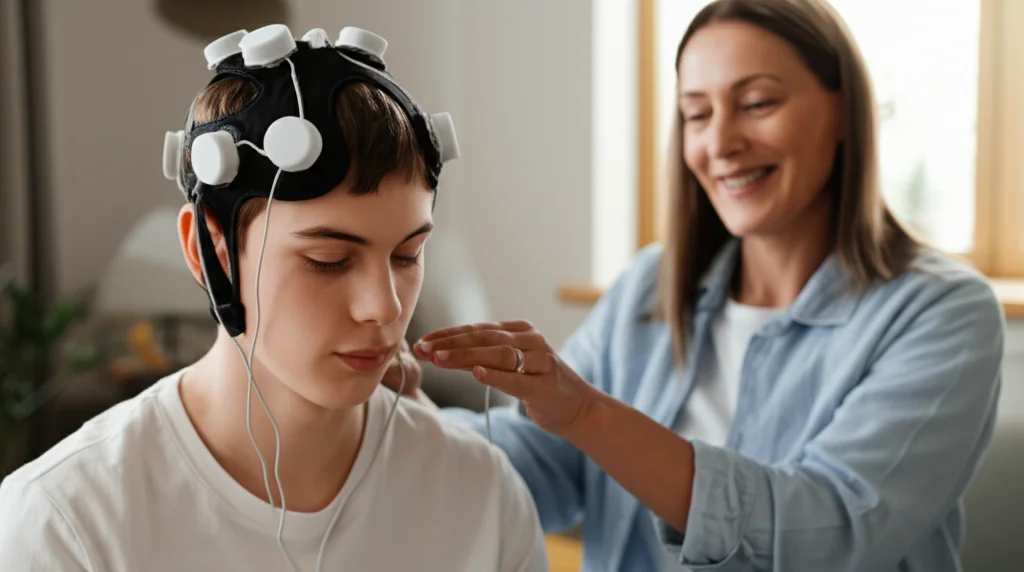 Fotografia di un ambiente domestico accogliente, un adolescente (volto non riconoscibile o sfocato per privacy) indossa un caschetto tDCS dal design moderno e minimale, assistito da un genitore sorridente. Luce naturale morbida dalla finestra, obiettivo prime 35mm, profondità di campo che sfoca leggermente lo sfondo per concentrarsi sull'interazione.