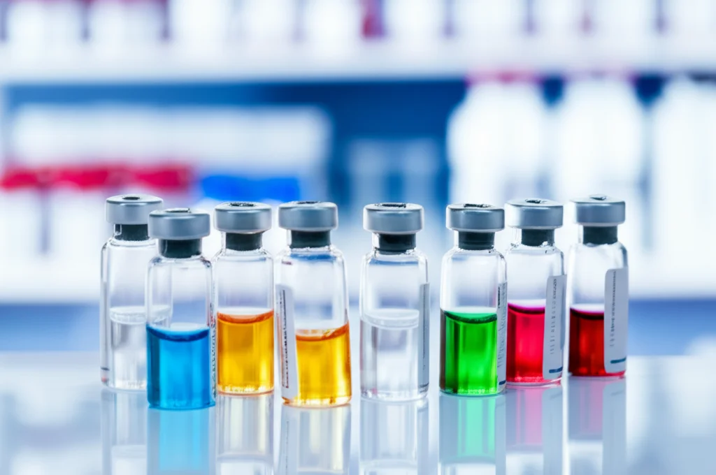 Fotografia macro di fiale di farmaci biologici (TNFi, IL-6Ri, CTLA4-Ig, JAKi) disposte su un bancone di laboratorio sterile con etichette visibili. Illuminazione controllata e precisa, messa a fuoco nitida sui dettagli delle fiale e del liquido colorato all'interno. Obiettivo macro 100mm, alta definizione, sfondo leggermente sfocato.