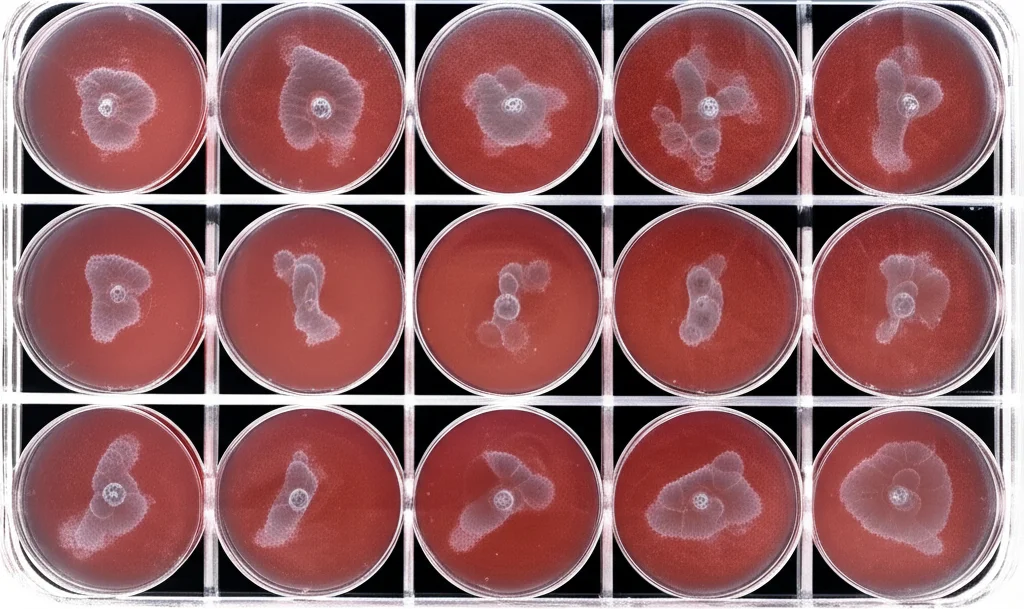 Fotografia macro di una piastra di coltura cellulare a 6 pozzetti usata per un saggio delle placche del virus Vaccinia. Dettaglio elevato sulle placche circolari (aree di morte cellulare) colorate di viola scuro su uno sfondo di cellule monostrato più chiare. Obiettivo macro 100mm, illuminazione controllata da laboratorio per evidenziare la texture e i bordi delle placche, messa a fuoco precisa sulle placche.