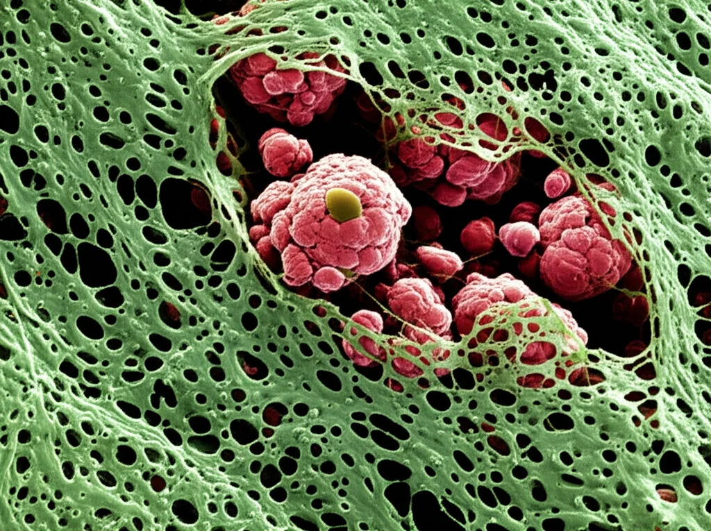 Immagine fotorealistica al microscopio elettronico a scansione di cellule epiteliali intestinali danneggiate che subiscono necroptosi, mostrando membrane cellulari rotte e rilascio di contenuto cellulare. Dettaglio elevato, illuminazione drammatica, lente macro 80mm.
