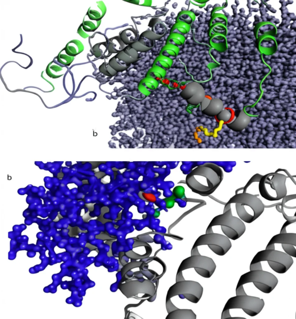 Visualizzazione 3D fotorealistica dell'interazione tra il dominio C-terminale (CTD, blu) e il motivo IQ (verde) del canale al sodio cardiaco NaV1.5. Obiettivo macro 90mm, alta definizione, illuminazione controllata per evidenziare i contatti molecolari chiave come ponti salini e interazioni idrofobiche tra le eliche proteiche I e IV del CTD e l'elica VI del motivo IQ. Lo sfondo mostra la struttura generale del canale.
