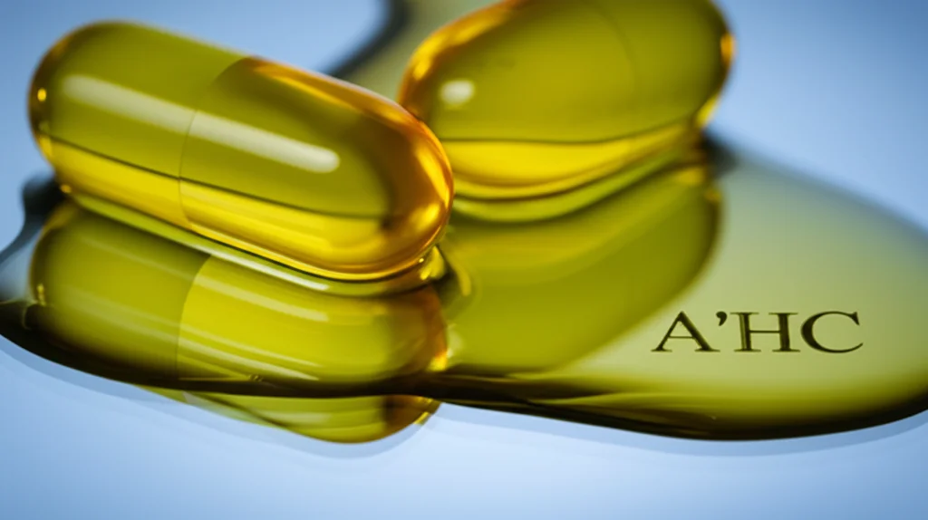 Concetto fotorealistico di una capsula di farmaco ART accanto a una goccia di olio di THC dorato su una superficie riflettente, simboleggiando la terapia combinata. Profondità di campo ridotta, illuminazione da studio controllata, lente macro 60mm.