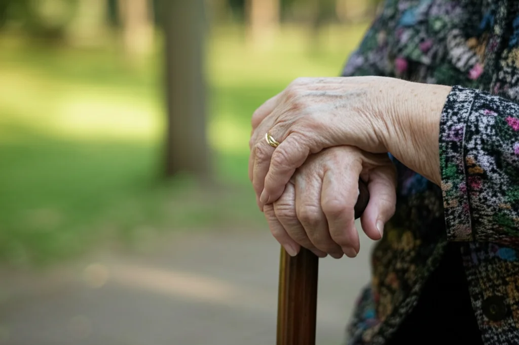Primo piano sulle mani di una persona anziana (circa 75 anni) che tengono un bastone da passeggio, con articolazioni leggermente gonfie tipiche dell'artrite. Luce naturale da finestra laterale, profondità di campo che mette a fuoco le mani e sfoca lo sfondo di un parco. Obiettivo 50mm, realismo documentaristico, colori caldi.