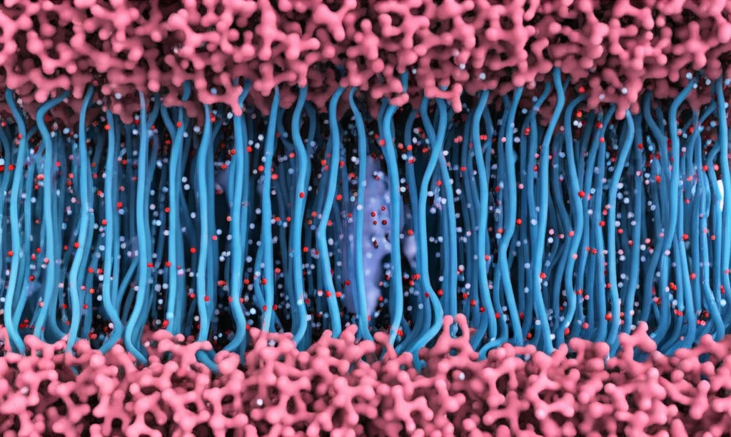 Simulazione di dinamica molecolare fotorealistica del canale ionico NaV1.5 immerso in un doppio strato lipidico (lipidi POPC rosa e grigi). Vista grandangolare 20mm, messa a fuoco nitida sull'intera struttura proteica e sulle molecole lipidiche circostanti. Molecole d'acqua e ioni sodio (piccole sfere) sono visibili nel solvente. L'immagine cattura la complessità dell'ambiente cellulare simulato.