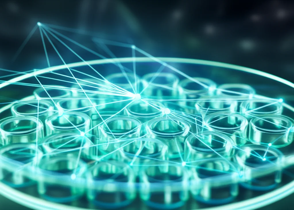 Visualizzazione astratta di una rete neurale convoluzionale (CNN) simile a StarDist/HydraStarDist che processa un'immagine di placche virali. Linee luminose collegano nodi rappresentanti neuroni artificiali, sovrapposte a una versione stilizzata di una piastra a 6 pozzetti. Colori dominanti blu e verde acqua, effetto high-tech, profondità di campo che sfoca lo sfondo.