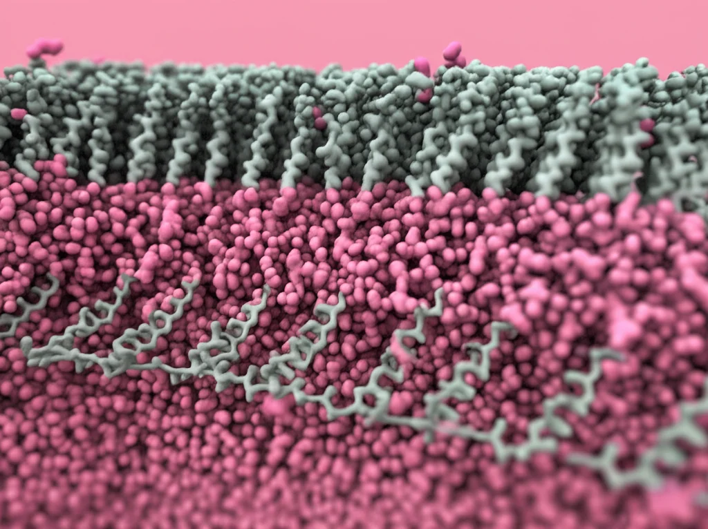 Dettaglio fotorealistico dei sensori di voltaggio (eliche S1-S4) del canale NaV1.5, in particolare il dominio III (DIII). Obiettivo zoom 150mm, che mostra la curvatura dell'elica S4 all'interfaccia con la membrana lipidica (teste PC rosa, code grigie). Evidenzia la disposizione anfipatica degli amminoacidi (carichi verso l'esterno, idrofobici verso l'interno). Profondità di campo ridotta per focalizzare sull'elica S4.